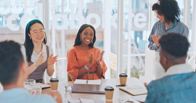 Welcome handshake and applause with business people in meeting for onboarding partnership and success Deal congratulations and achievement with employee in boardroom for planning target and sale