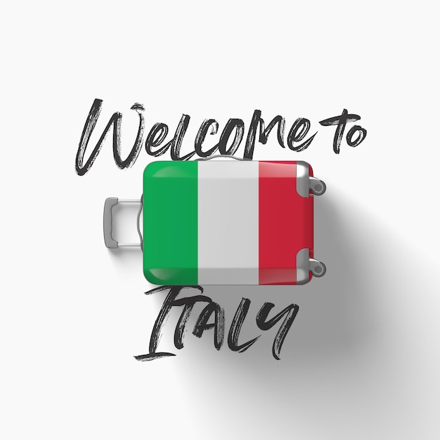 Welcome to italy national flag on a travel suitcase d render