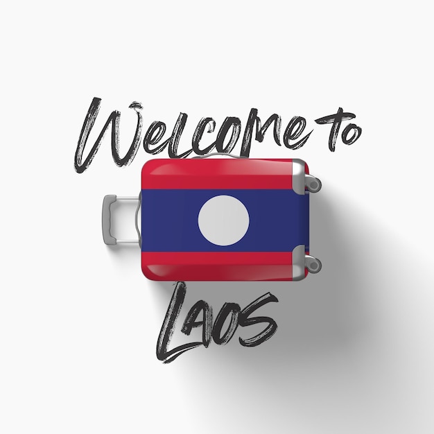 Welcome to laos national flag on a travel suitcase d render