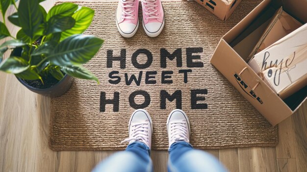 Photo welcome mat with home sweet home at house entrance