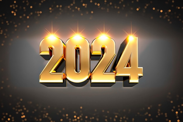 Welcome New Year 2024 3D glass type with golden lights With space for text