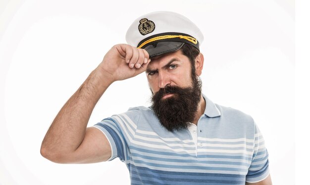 Welcome salute navy day tourist on summer vacation bearded man in captain cap isolated on white brutal man in sailor hat saluting summer marine male fashion concept of tourism