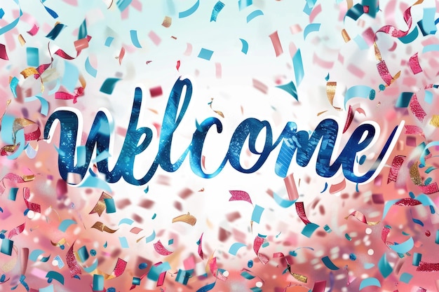 Photo welcome sign letters with confetti background celebration greeting holiday illustration