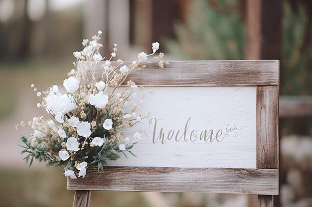 Welcome signboard with a modern calligraphy design and floral accents