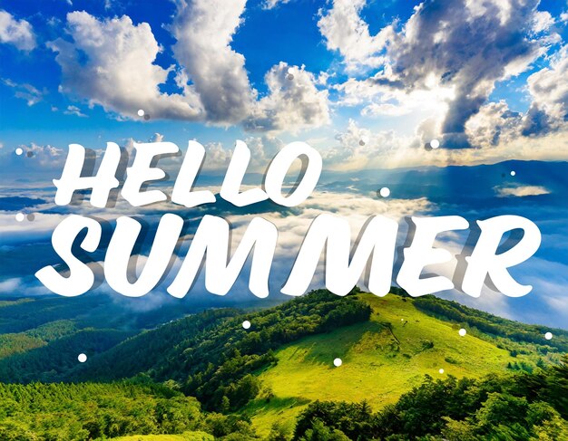 Photo welcome summer concept with text on blue sky and white clouds background