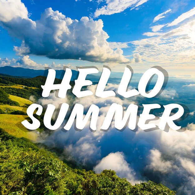 Photo welcome summer concept with text on blue sky and white clouds background