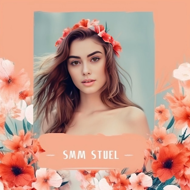 welcome summer social media post template with beautiful girl and flowers background