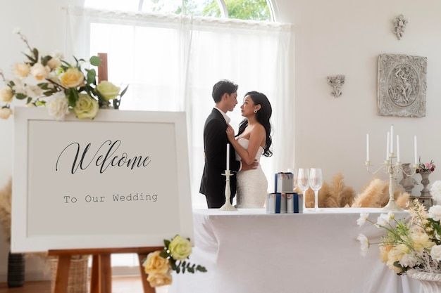 Welcome to wedding sign with bride and groom in background