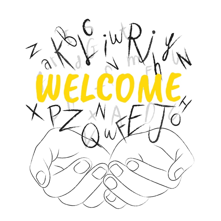 Photo welcome word png sticker hands cupping alphabet letters on transparent background
