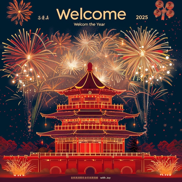 the Year 2025 Traditional Chinese New Year Celebration with Fireworks and Pagoda