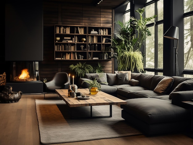 Welcoming black living room with sophisticated elements AI Generative