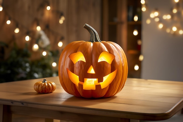 Welcoming Cool Carved Pumpkin with Warm Glow on Wooden Table