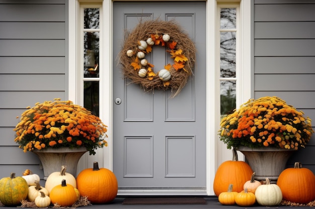 Welcoming Halloween porch adorned with pumpkins and blooms doors steps entrance