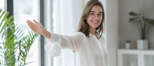 Welcoming young woman smiling and gesturing invitation into bright home