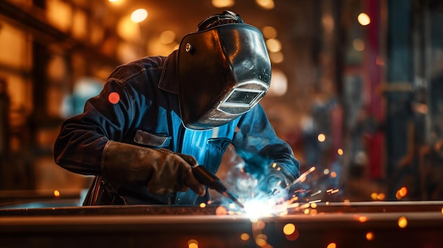 Welder man does metal welding in production with an industrial welding machine sparks