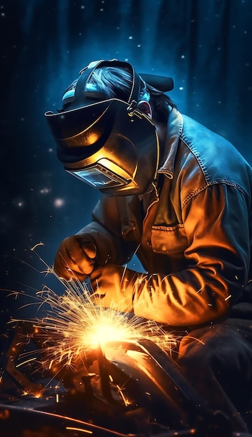 welder in protective clothing welding metal with sparks on dark blue background ai generated