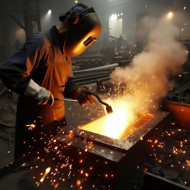 A welder in protective gear at work in factory skillfully using welding torch to join metal pieces