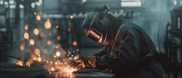 welder in protective gear working with sparks flying focused on their task