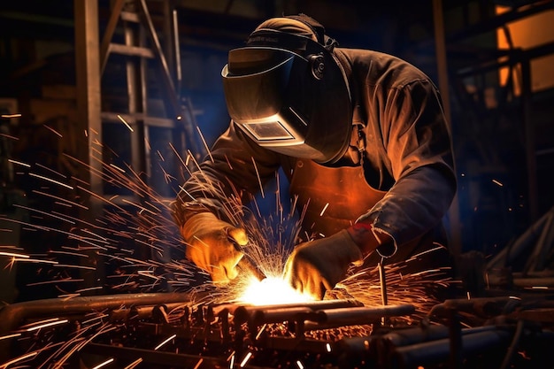 Welder on steel structure in factory Generative AI