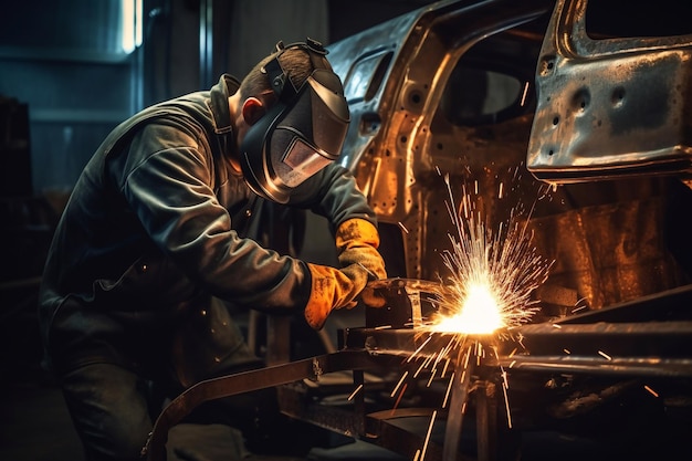 Welder on steel structure in factory Generative AI