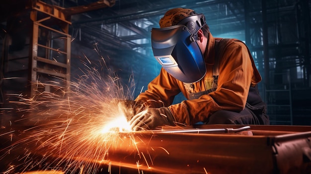 A welder in uniform and protective gear welds metal with an arc welding machine at a construction si