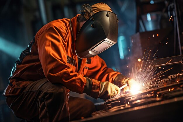 Photo welder wearing safety gear and welding metals