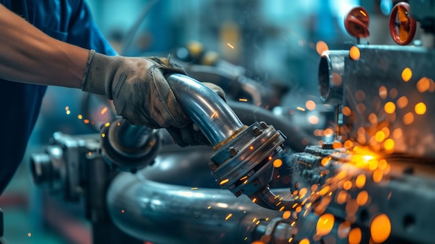 Foto saldatore che salda un tubo metallico in una fabbrica