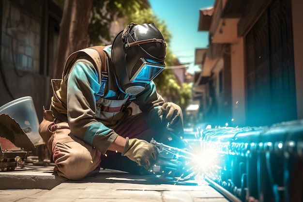 A welder welding a pipe on the street in sunny day