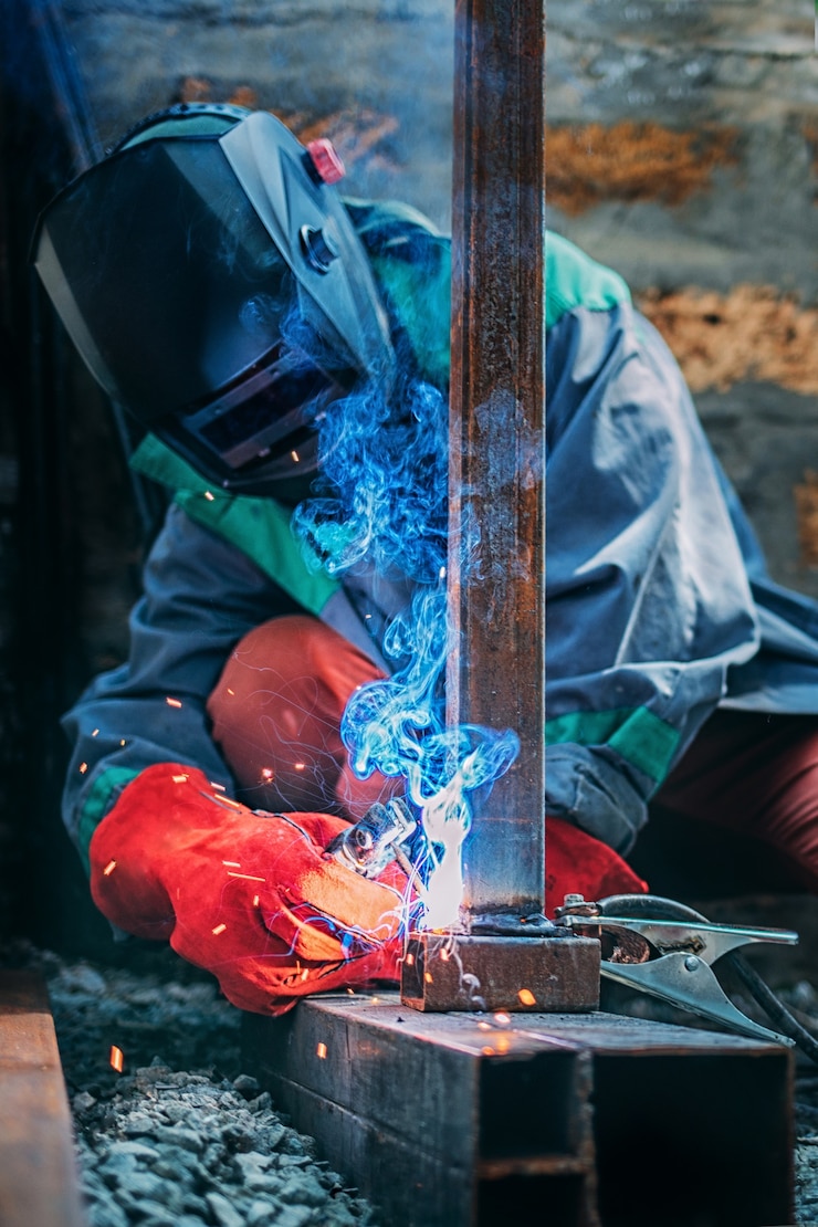 Photo a welder welds a metal pole with electric welding, holds an electrode in his hands