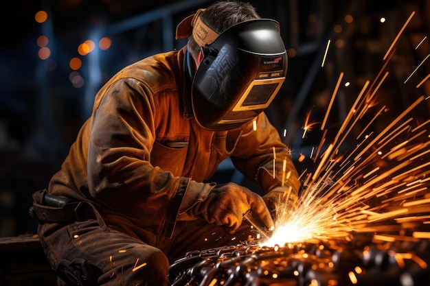 Welder with Sparks Flying It toont bekwame vakmensen die werken aan metaalproductieprojecten. Veiligheidsuitrusting