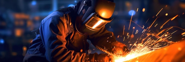 Welder at work wearing protective helmet sparks on dark background Generative AI