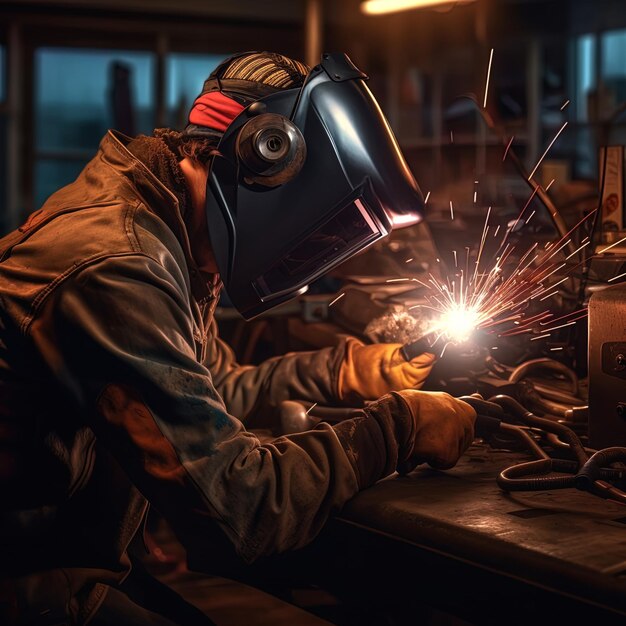 welder working in factory fire sparks close up scene