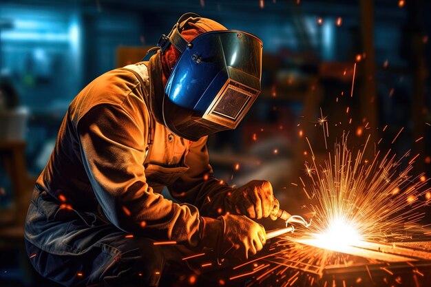 Welder working in the factory sparks fire safety helmet