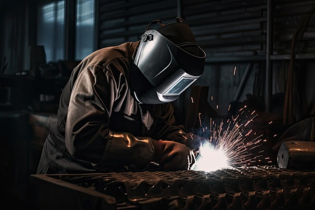 Welder working in the factory Worker wearing protective clothing and welding mask An Industrial welder wearing full protection and walding AI Generated