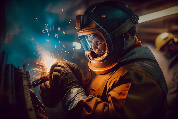 Welder working in a metal factory The welder is wearing a welding maskgenerative ai