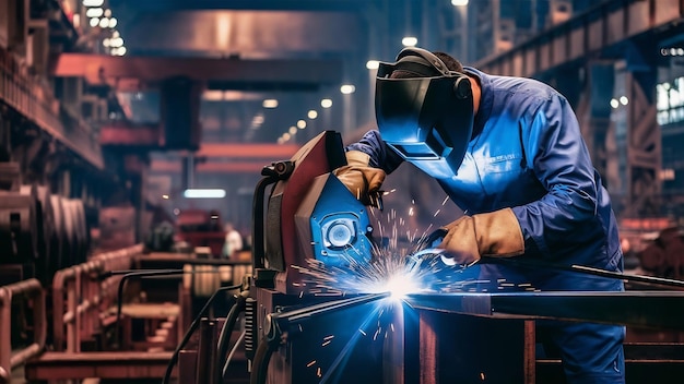 Welder working in a steel factory with argon welding