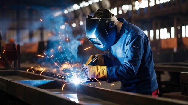 Welder working in a steel factory with argon welding