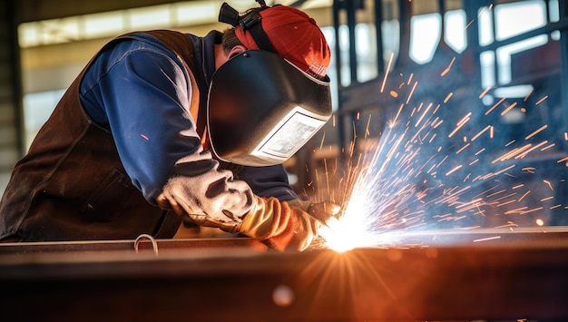 Welder working with arc welding machine to weld steel at factory