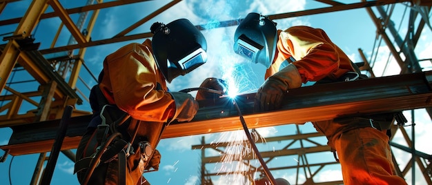 Welders securing structural beams intense precision fiery