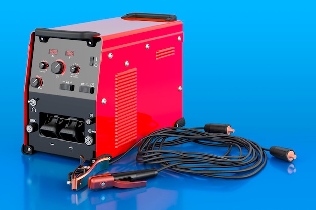 Welding machine with stick electrode holder work cable and clamp on blue background 3D rendering