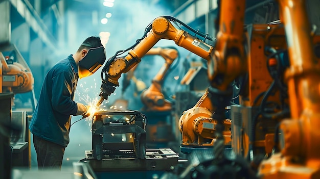 写真 工場で産業用ロボットと働く溶接オペレーター