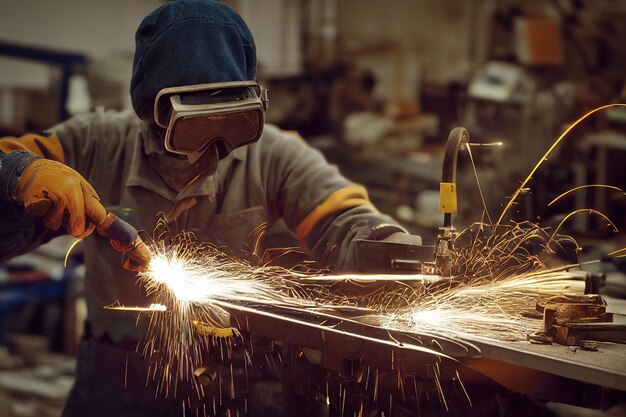 Welding process in production with worker in mask at machine