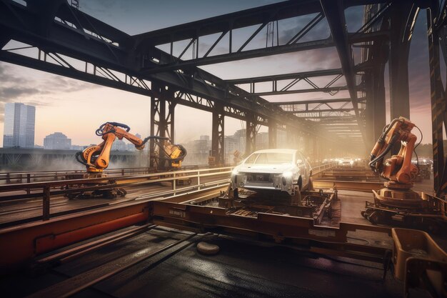 Welding robot expertly building precision bridge with cars and people in the background