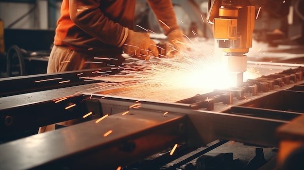 Welding work with metal construction at busy metal factory