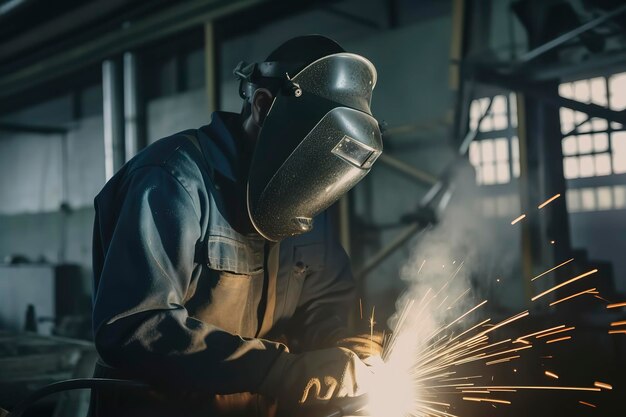 Welding works at the factory Industrial worker welds metal pipes