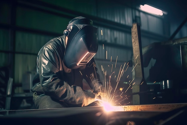 Welding works at the factory Industrial worker welds metal pipes