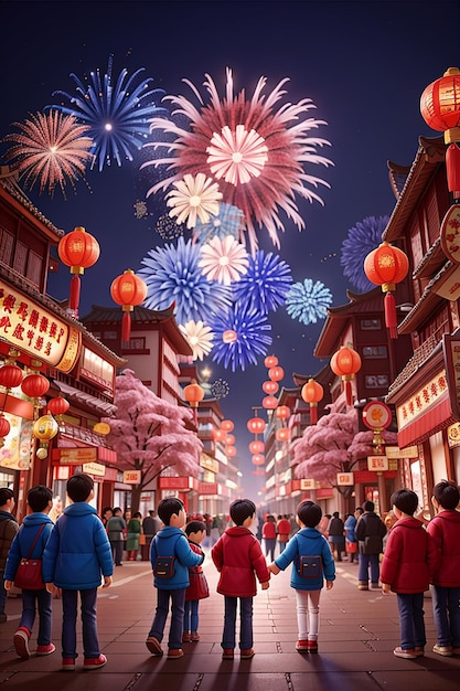 Welkom bij de gelukkige kinderen van China Nieuwjaar om het prachtige vuurwerk te vieren op de straten van oudejaarsavond