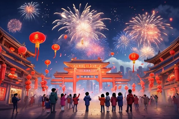 Welkom bij de gelukkige kinderen van China Nieuwjaar om het prachtige vuurwerk te vieren op de straten van oudejaarsavond