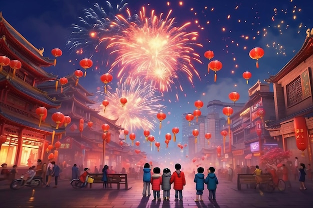 Welkom bij de gelukkige kinderen van China Nieuwjaar om het prachtige vuurwerk te vieren op de straten van oudejaarsavond