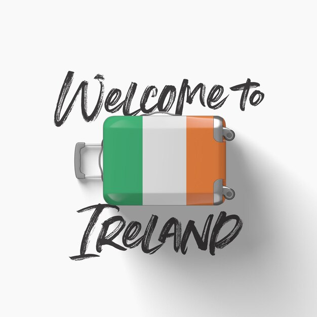 Welkom bij de nationale vlag van Ierland op een reiskoffer d render